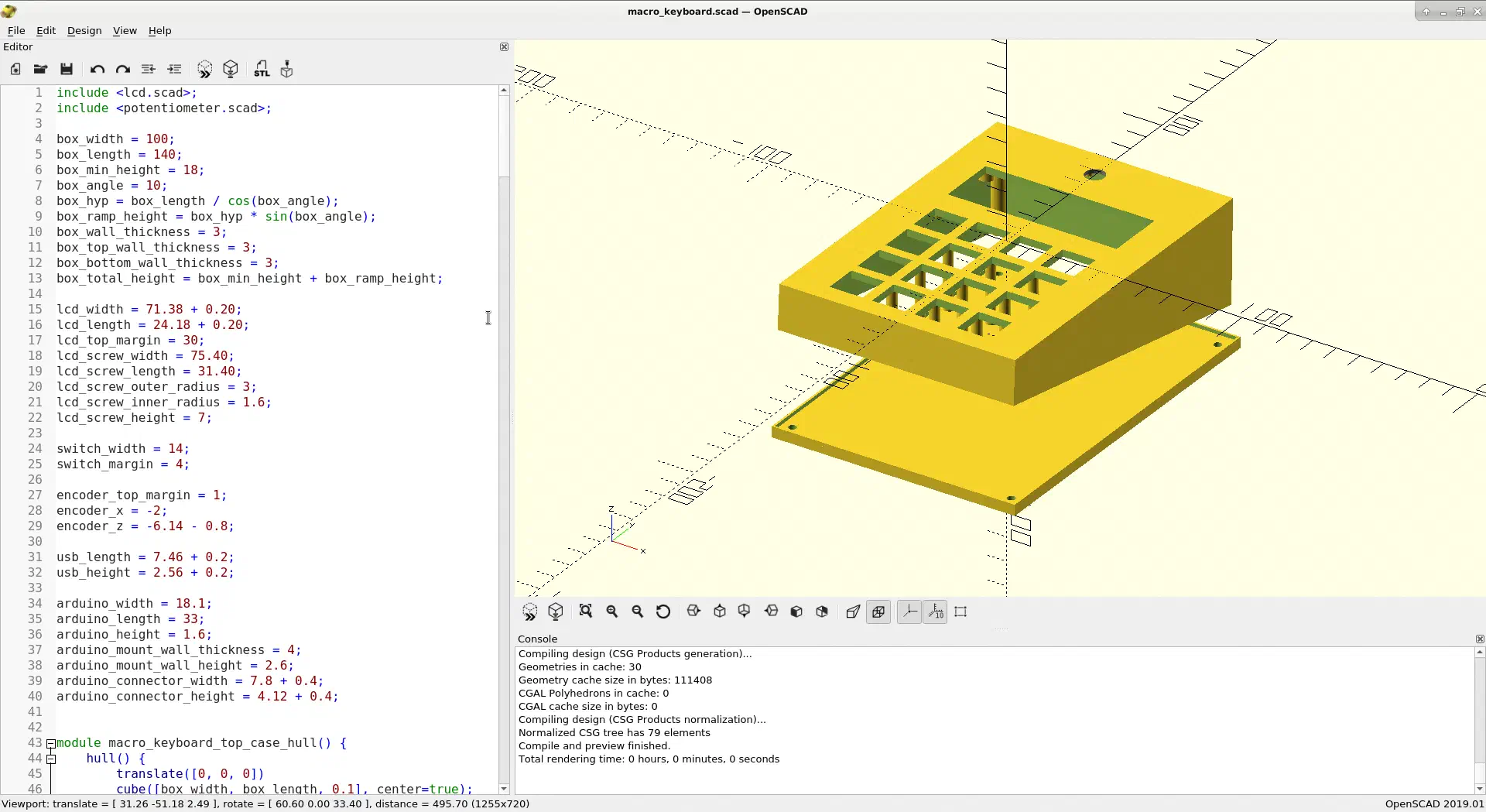 Screenshot of OpenSCAD with the keyboard design