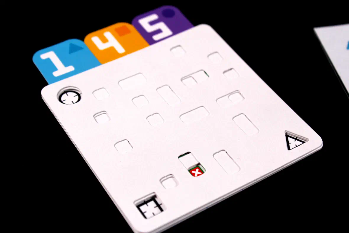 Code cards representing code 145 stacked over a verification card. The test output is a single red square, representing a False outcome.